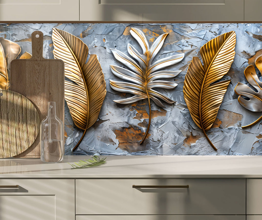 Golden & Silver Leaf - Glass Kitchen Backsplash-BacksplashArtworks