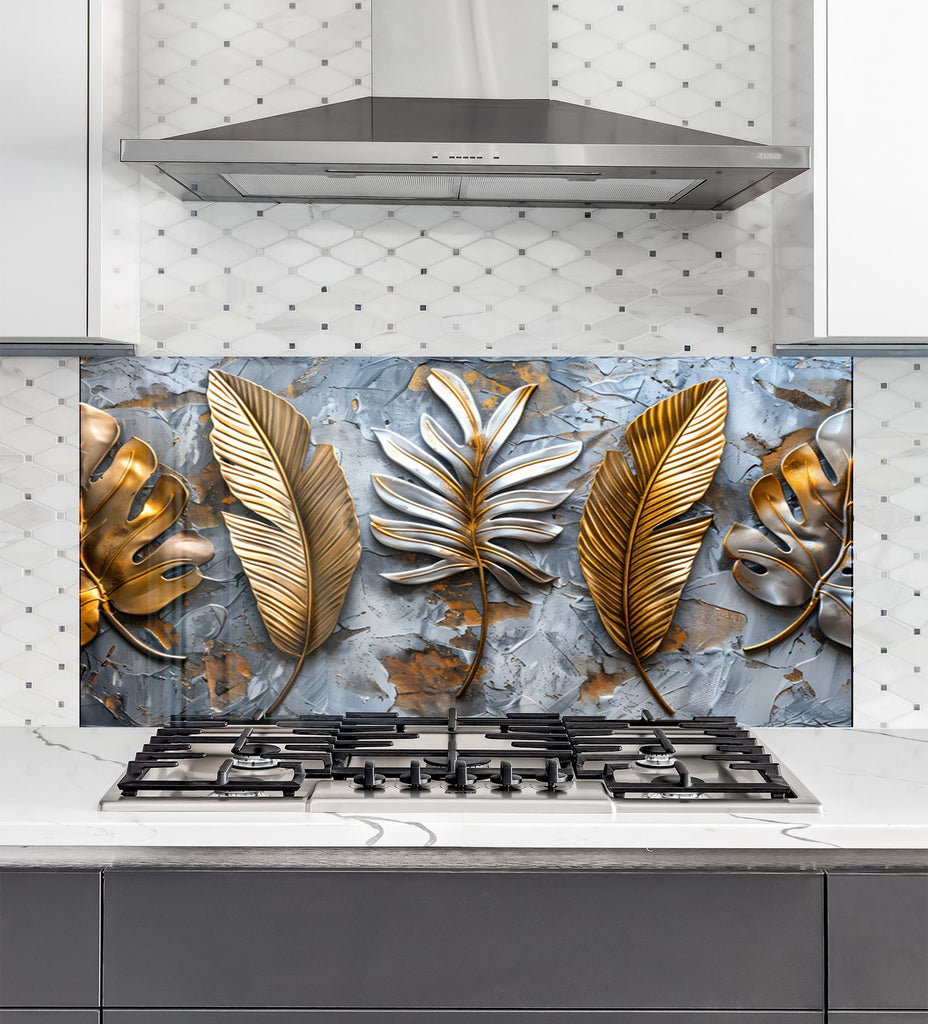 Golden & Silver Leaf - Glass Kitchen Backsplash-BacksplashArtworks