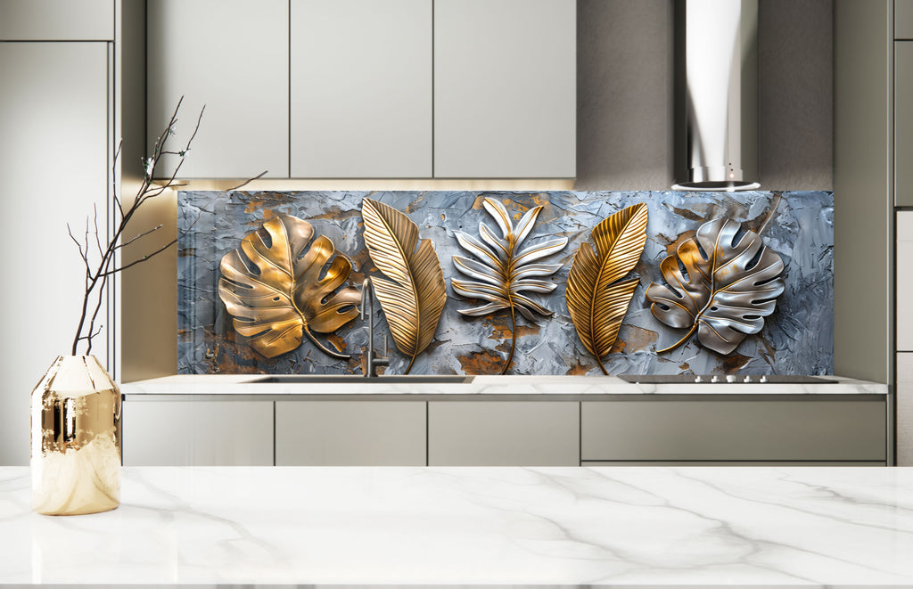 Golden & Silver Leaf - Glass Kitchen Backsplash-BacksplashArtworks