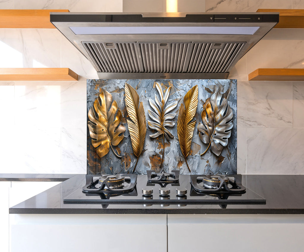 Golden & Silver Leaf - Glass Kitchen Backsplash-BacksplashArtworks