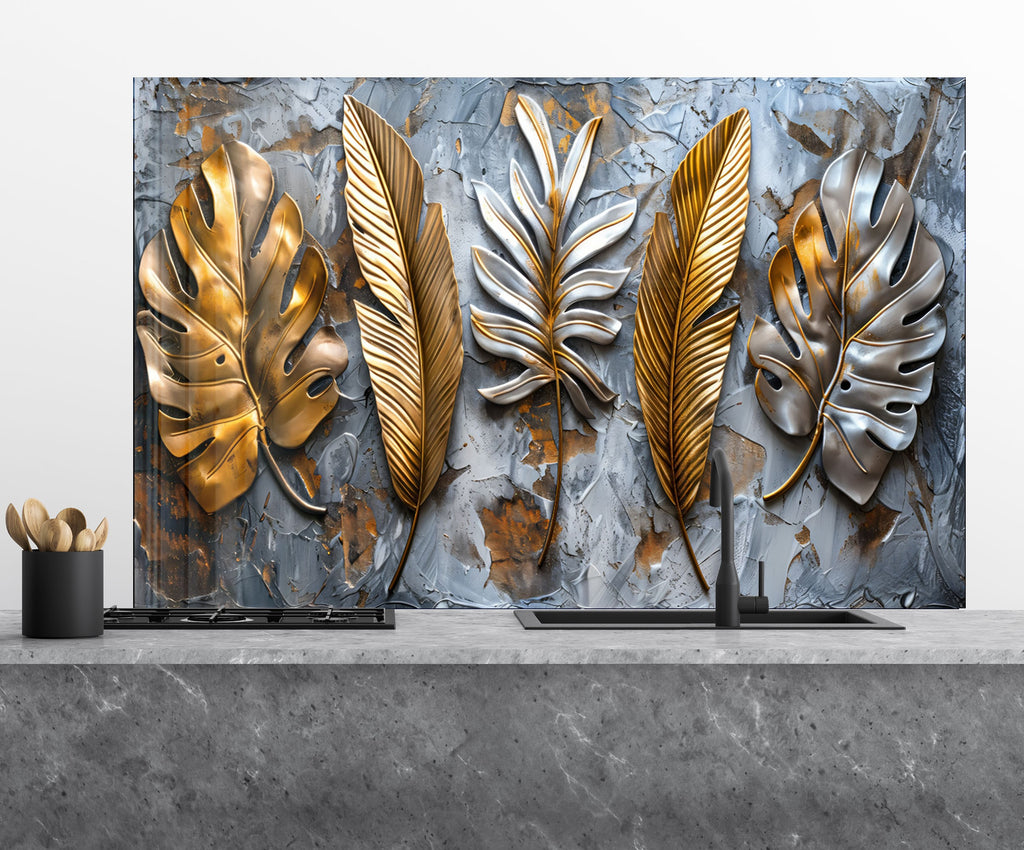 Golden & Silver Leaf - Glass Kitchen Backsplash-BacksplashArtworks