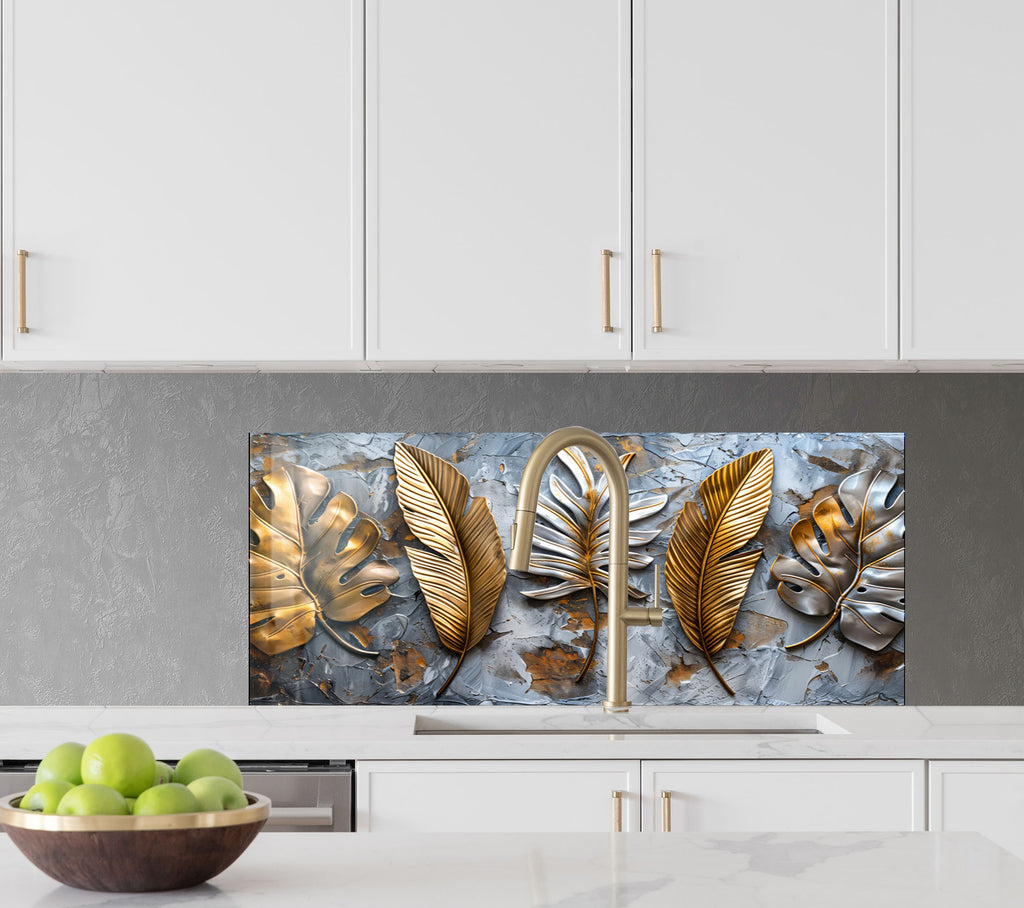 Golden & Silver Leaf - Glass Kitchen Backsplash-BacksplashArtworks