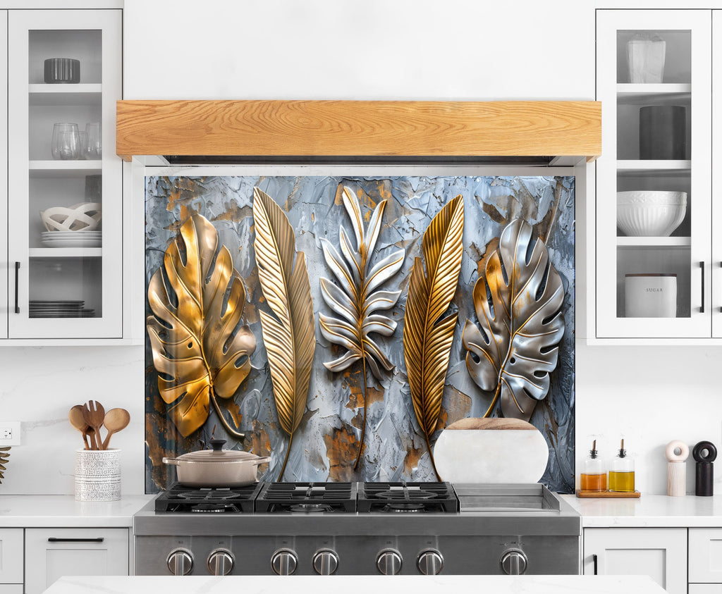 Golden & Silver Leaf - Glass Kitchen Backsplash-BacksplashArtworks