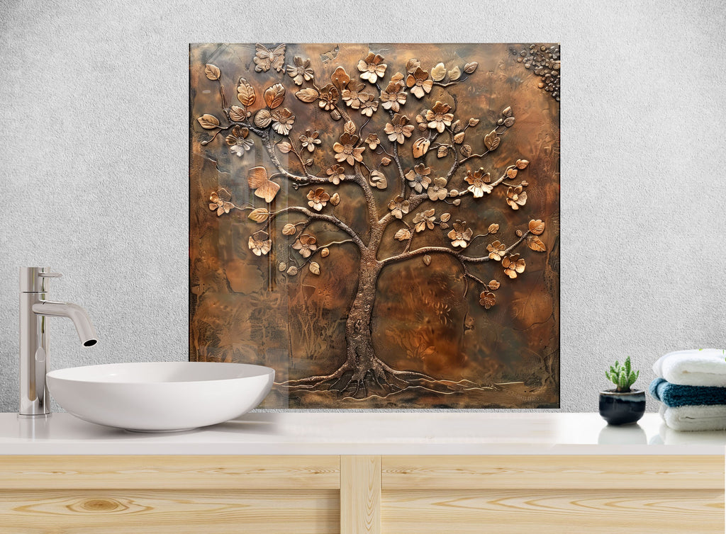 Bronze Blossom Tree - Glass Kitchen Backsplash-BacksplashArtworks