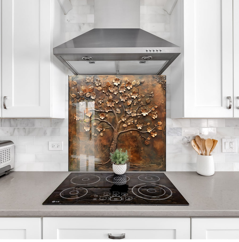 Bronze Blossom Tree - Glass Kitchen Backsplash-BacksplashArtworks