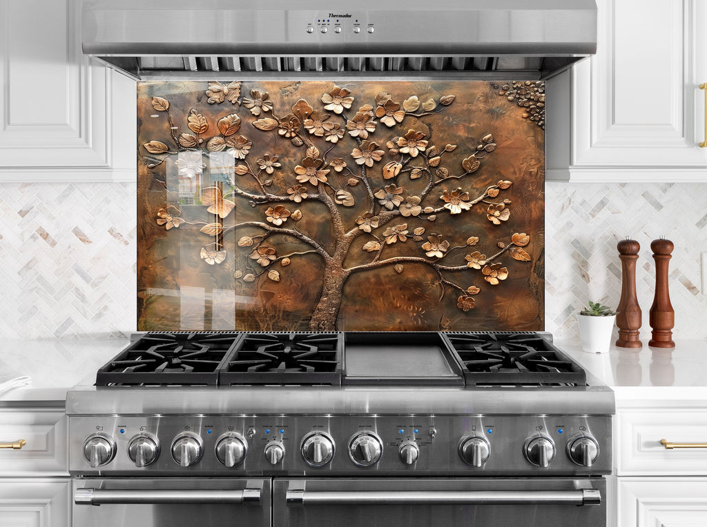 Bronze Blossom Tree - Glass Kitchen Backsplash-BacksplashArtworks