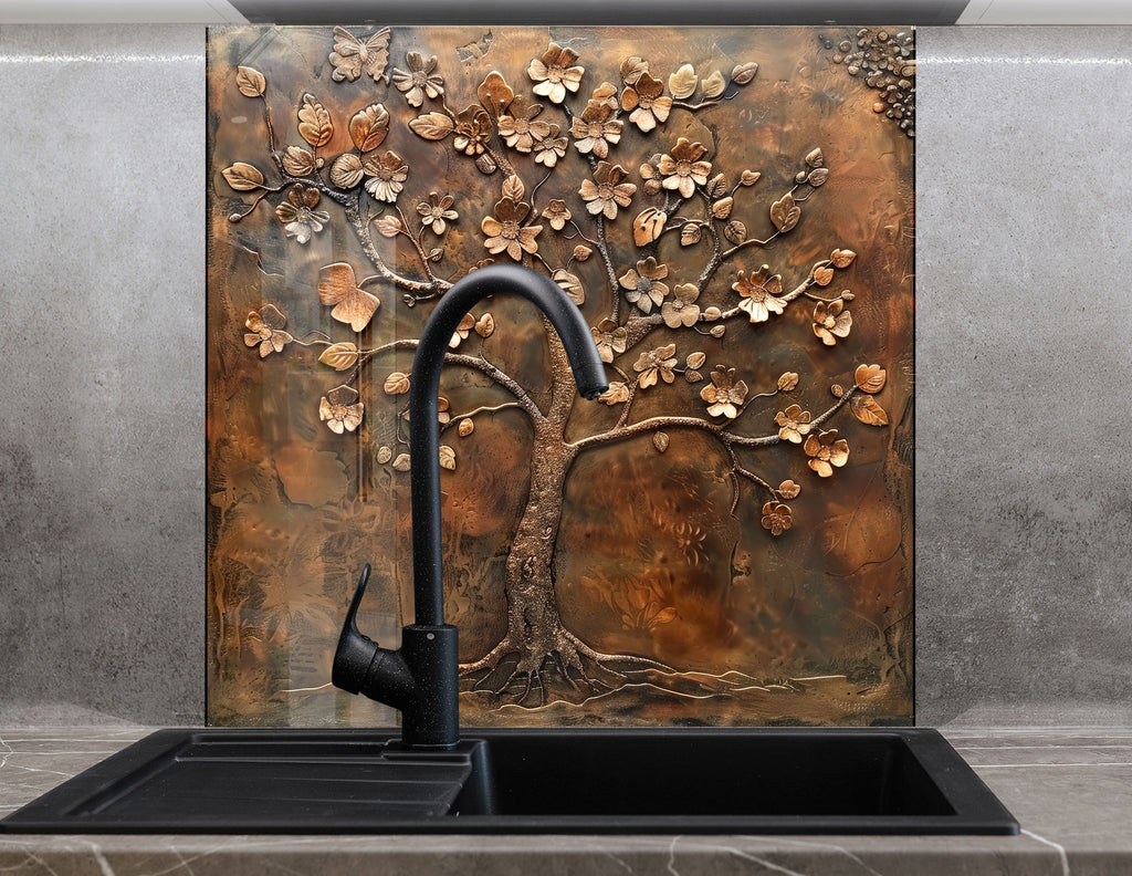 Bronze Blossom Tree - Glass Kitchen Backsplash-BacksplashArtworks