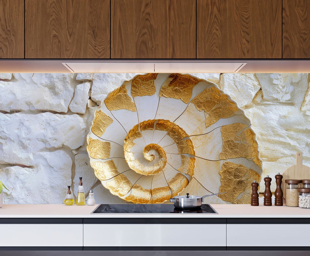 Golden Fossil - Glass Kitchen Backsplash-BacksplashArtworks