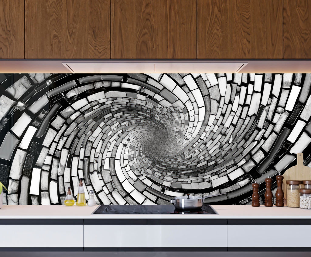 Monochrome Spiral - Glass Kitchen Backsplash-BacksplashArtworks