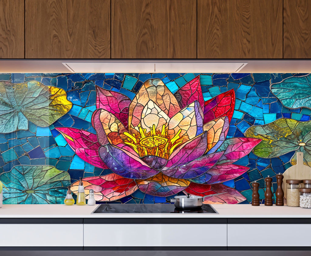 Pink Lotus Bloom - Glass Kitchen Backsplash-BacksplashArtworks