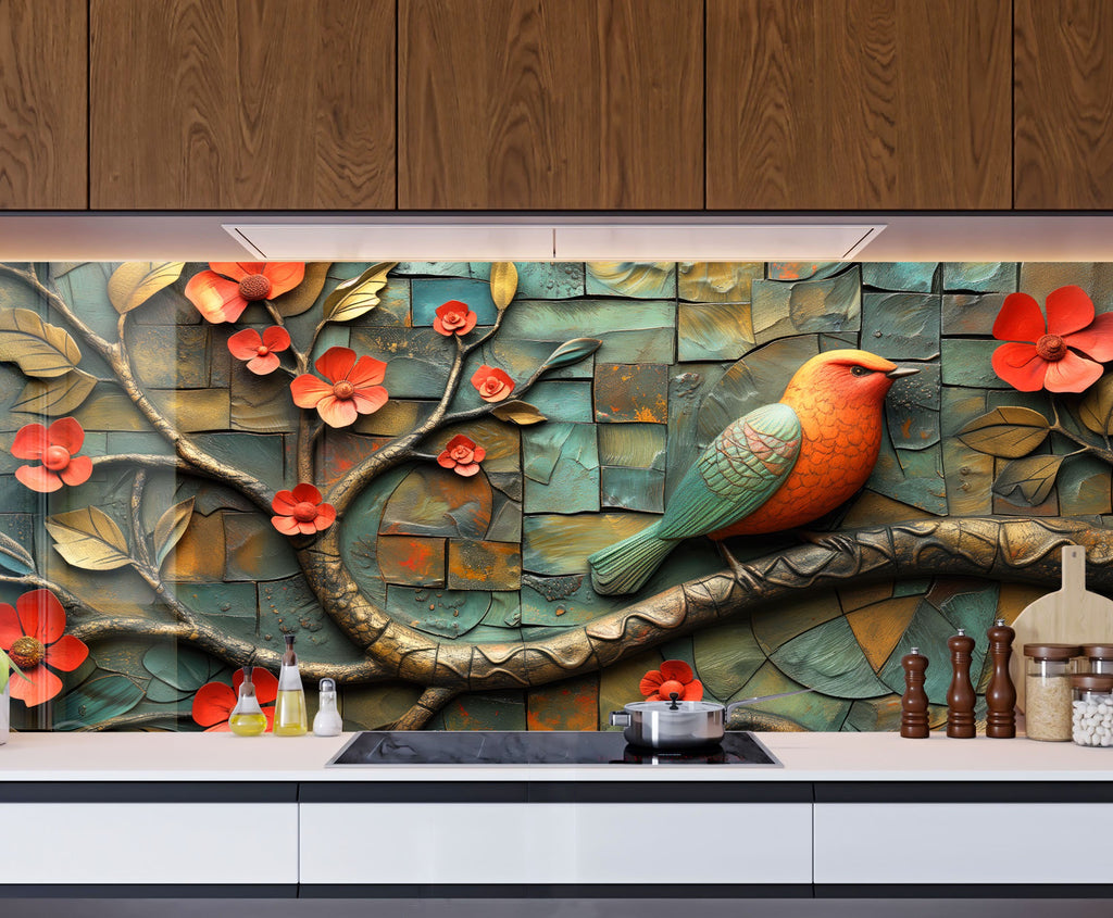 Bird & Blossoms - Glass Kitchen Backsplash-BacksplashArtworks