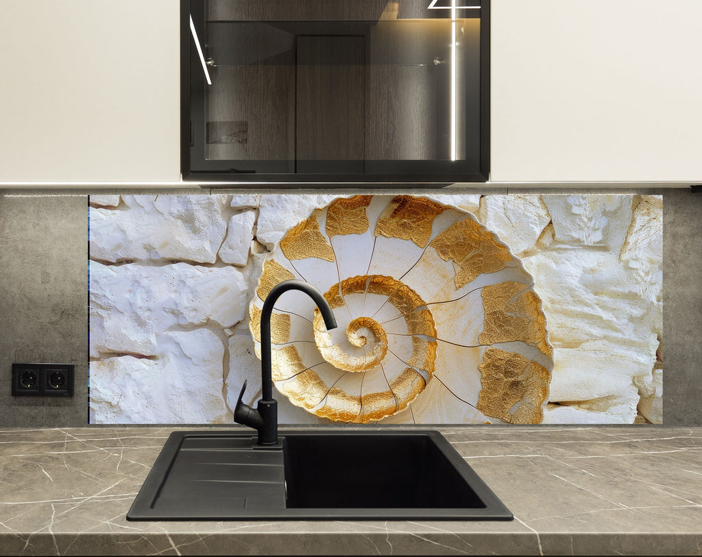 Golden Fossil - Glass Kitchen Backsplash-BacksplashArtworks