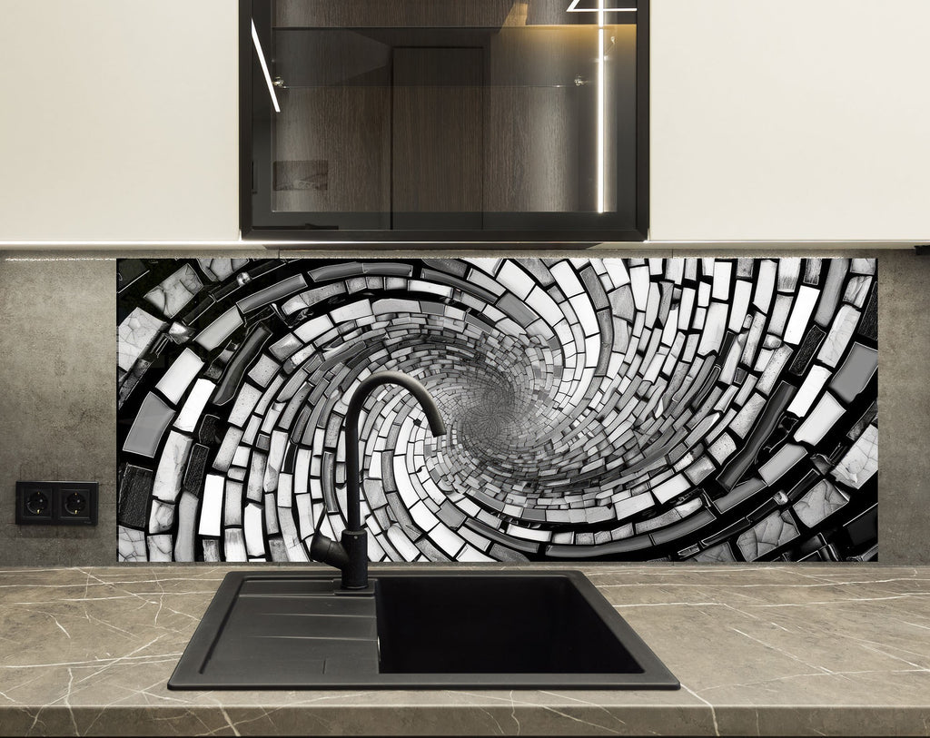 Monochrome Spiral - Glass Kitchen Backsplash-BacksplashArtworks