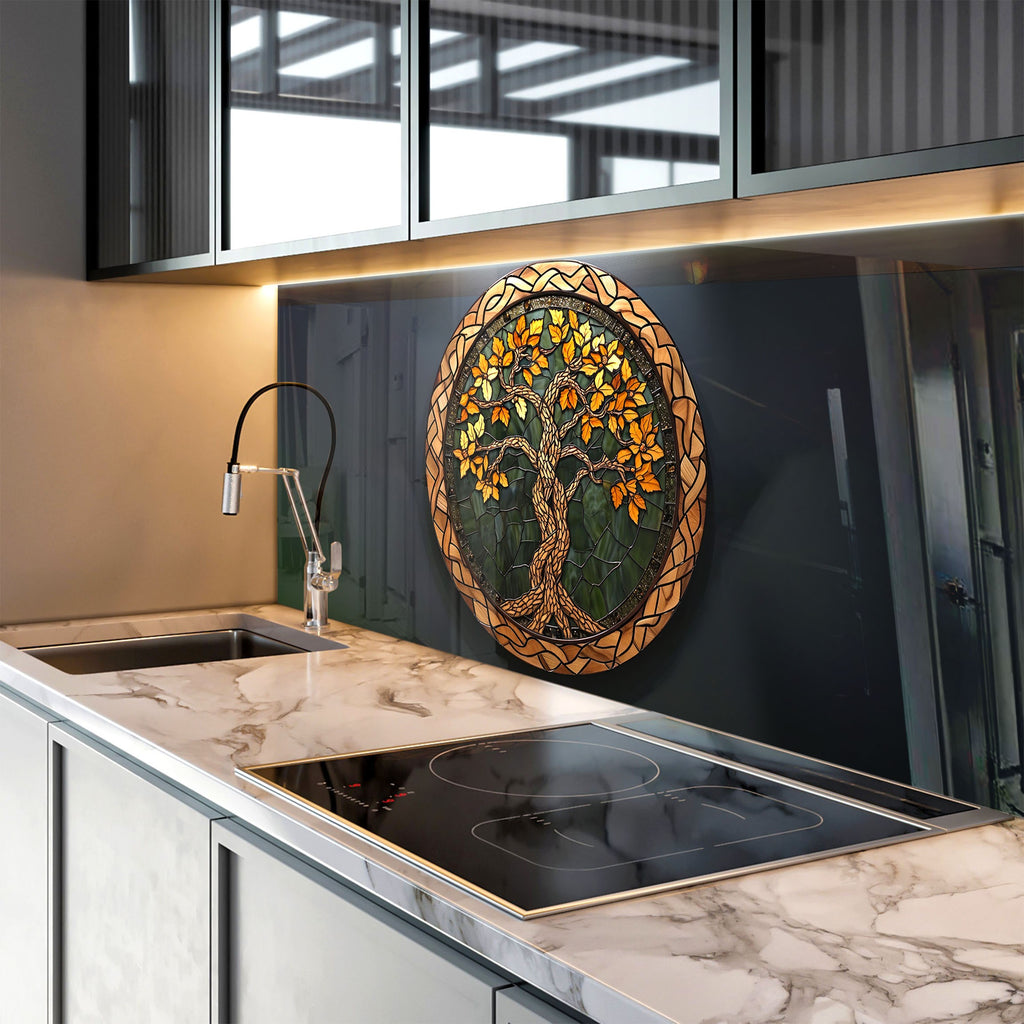 Golden Autumn Celtic Tree of Life - Glass Kitchen Backsplash-BacksplashArtworks