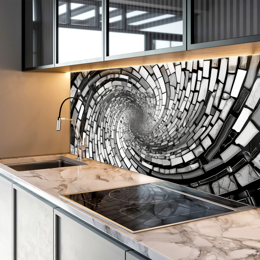 Monochrome Spiral - Glass Kitchen Backsplash-BacksplashArtworks