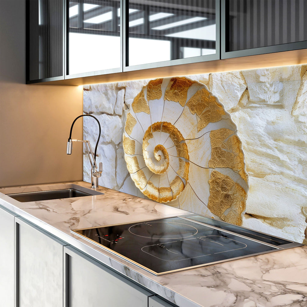 Golden Fossil - Glass Kitchen Backsplash-BacksplashArtworks