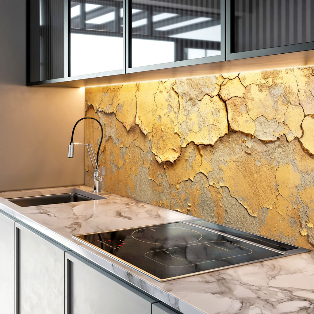 Golden Patina Abstract - Glass Kitchen Backsplash-BacksplashArtworks