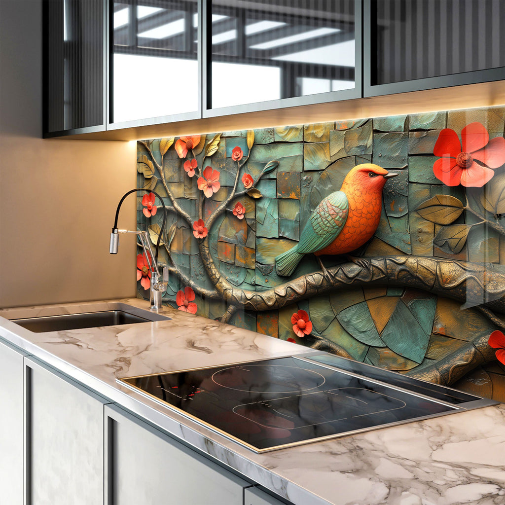 Bird & Blossoms - Glass Kitchen Backsplash-BacksplashArtworks