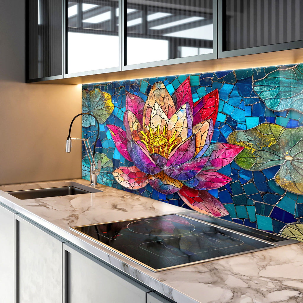 Pink Lotus Bloom - Glass Kitchen Backsplash-BacksplashArtworks