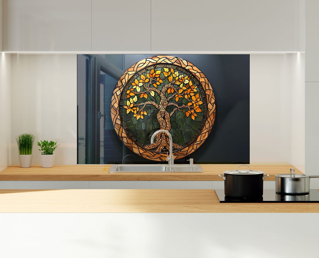 Golden Autumn Celtic Tree of Life - Glass Kitchen Backsplash-BacksplashArtworks