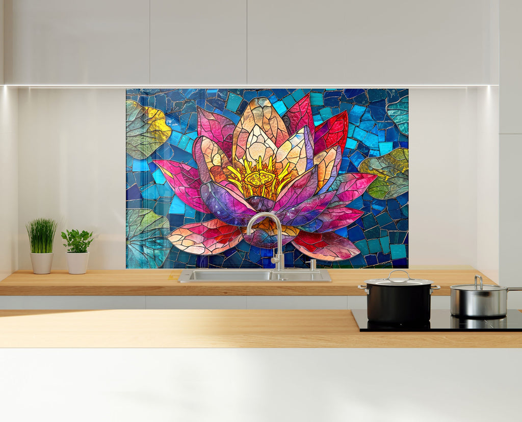 Pink Lotus Bloom - Glass Kitchen Backsplash-BacksplashArtworks