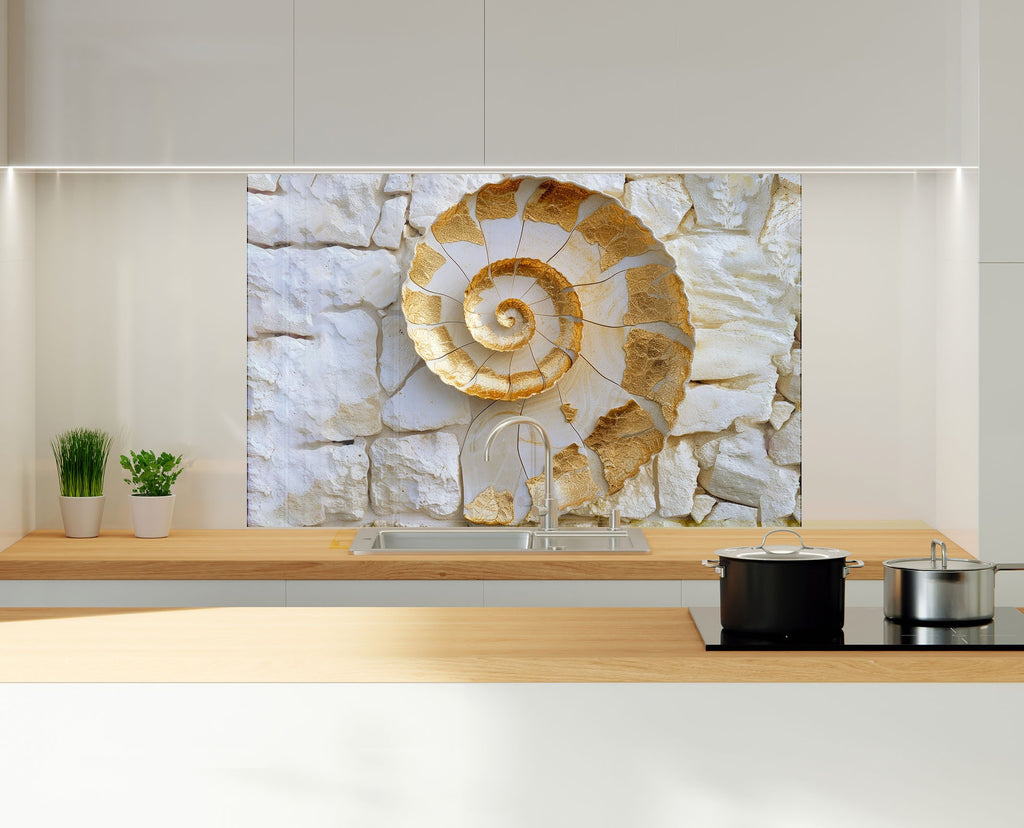 Golden Fossil - Glass Kitchen Backsplash-BacksplashArtworks