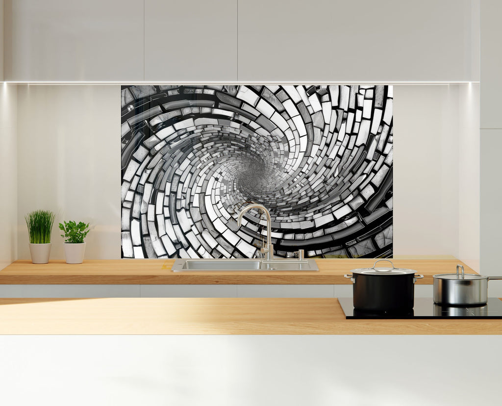 Monochrome Spiral - Glass Kitchen Backsplash-BacksplashArtworks