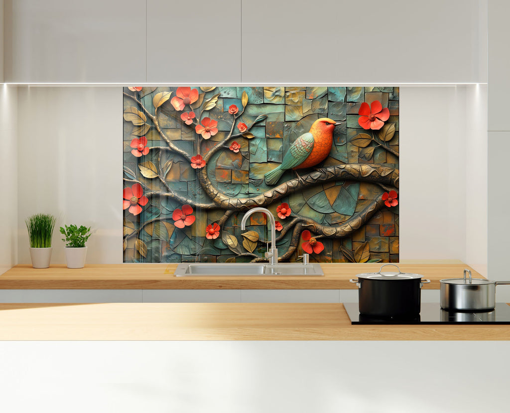 Bird & Blossoms - Glass Kitchen Backsplash-BacksplashArtworks