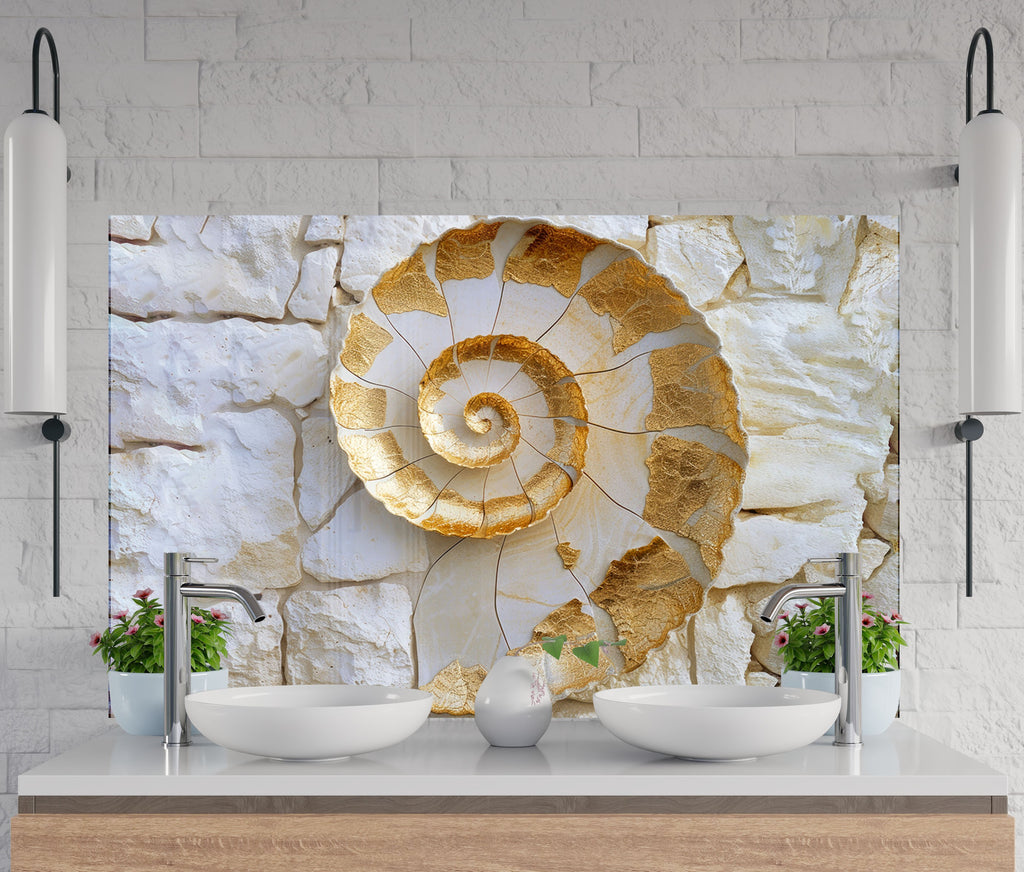 Golden Fossil - Glass Kitchen Backsplash-BacksplashArtworks