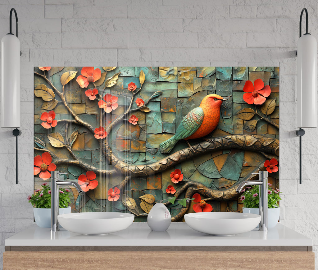 Bird & Blossoms - Glass Kitchen Backsplash-BacksplashArtworks