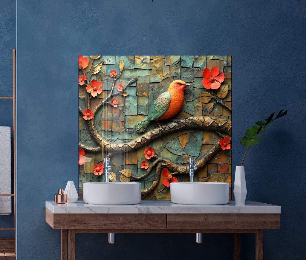 Bird & Blossoms - Glass Kitchen Backsplash-BacksplashArtworks