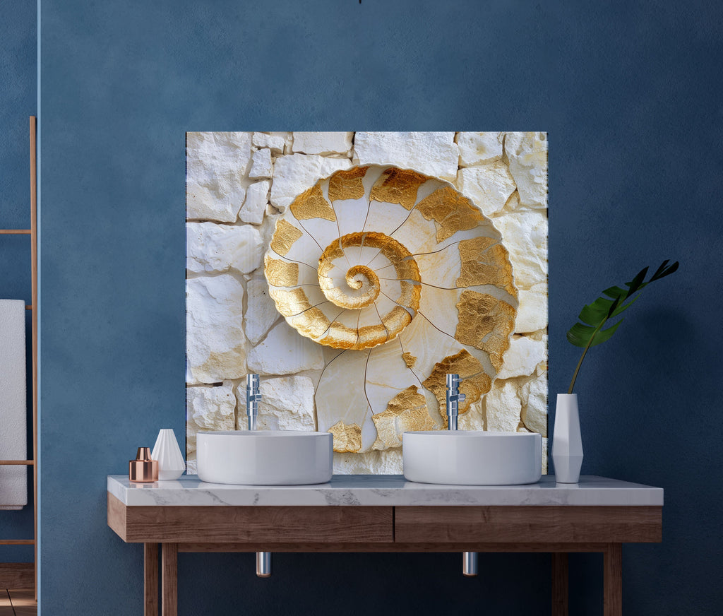 Golden Fossil - Glass Kitchen Backsplash-BacksplashArtworks