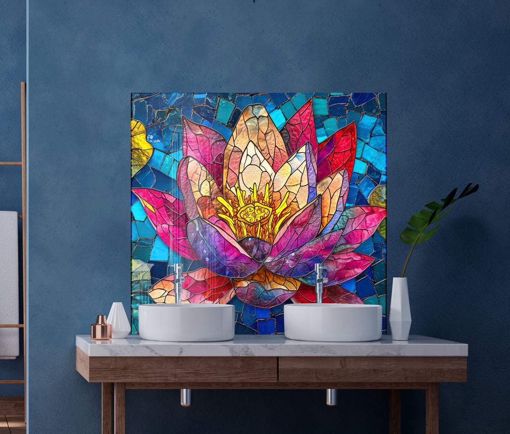 Pink Lotus Bloom - Glass Kitchen Backsplash-BacksplashArtworks