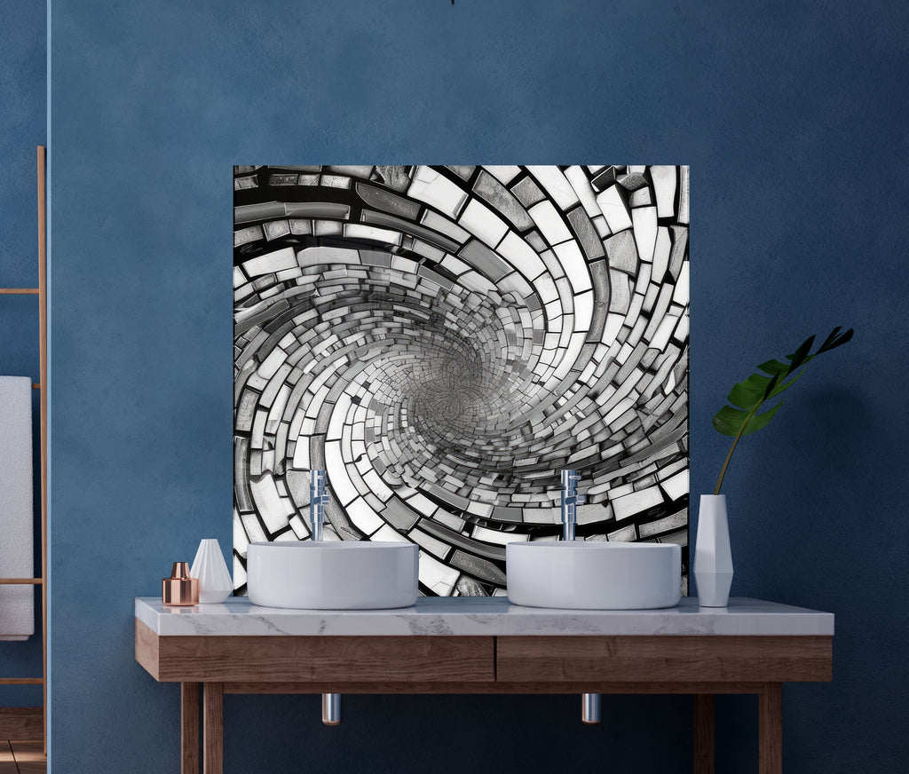 Monochrome Spiral - Glass Kitchen Backsplash-BacksplashArtworks