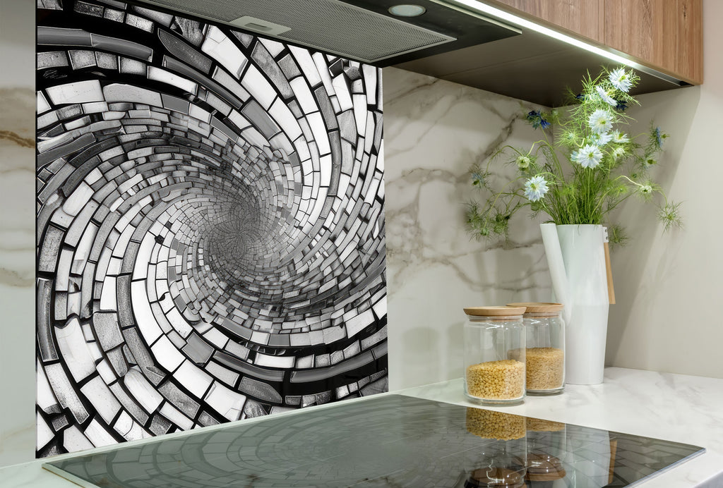 Monochrome Spiral - Glass Kitchen Backsplash-BacksplashArtworks