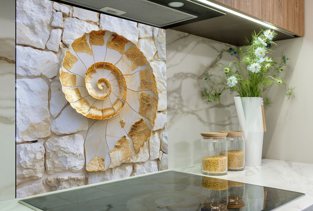 Golden Fossil - Glass Kitchen Backsplash-BacksplashArtworks