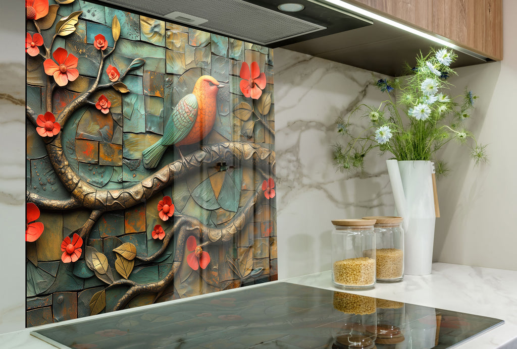 Bird & Blossoms - Glass Kitchen Backsplash-BacksplashArtworks