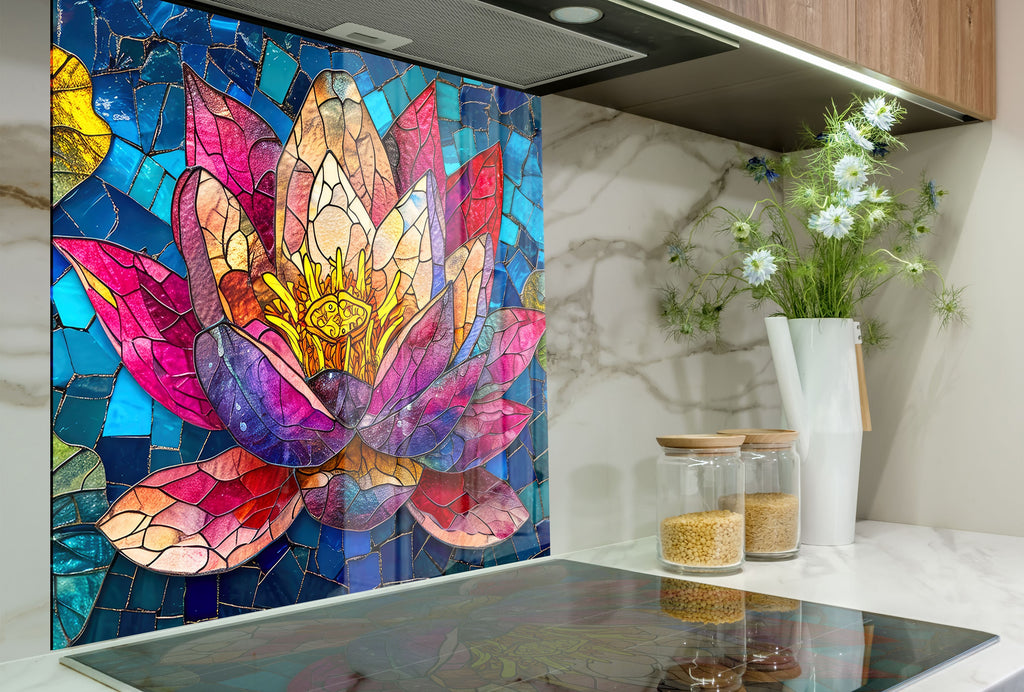 Pink Lotus Bloom - Glass Kitchen Backsplash-BacksplashArtworks