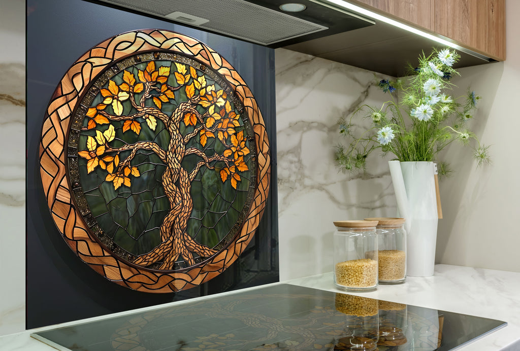 Golden Autumn Celtic Tree of Life - Glass Kitchen Backsplash-BacksplashArtworks