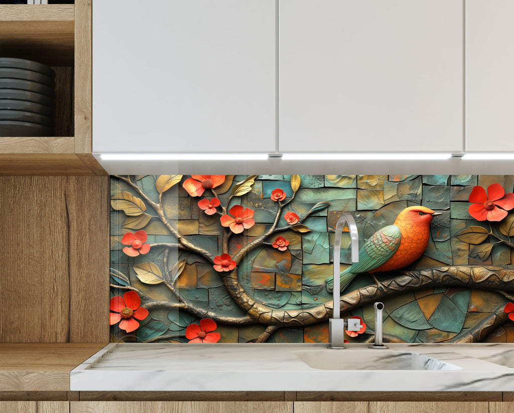 Bird & Blossoms - Glass Kitchen Backsplash-BacksplashArtworks