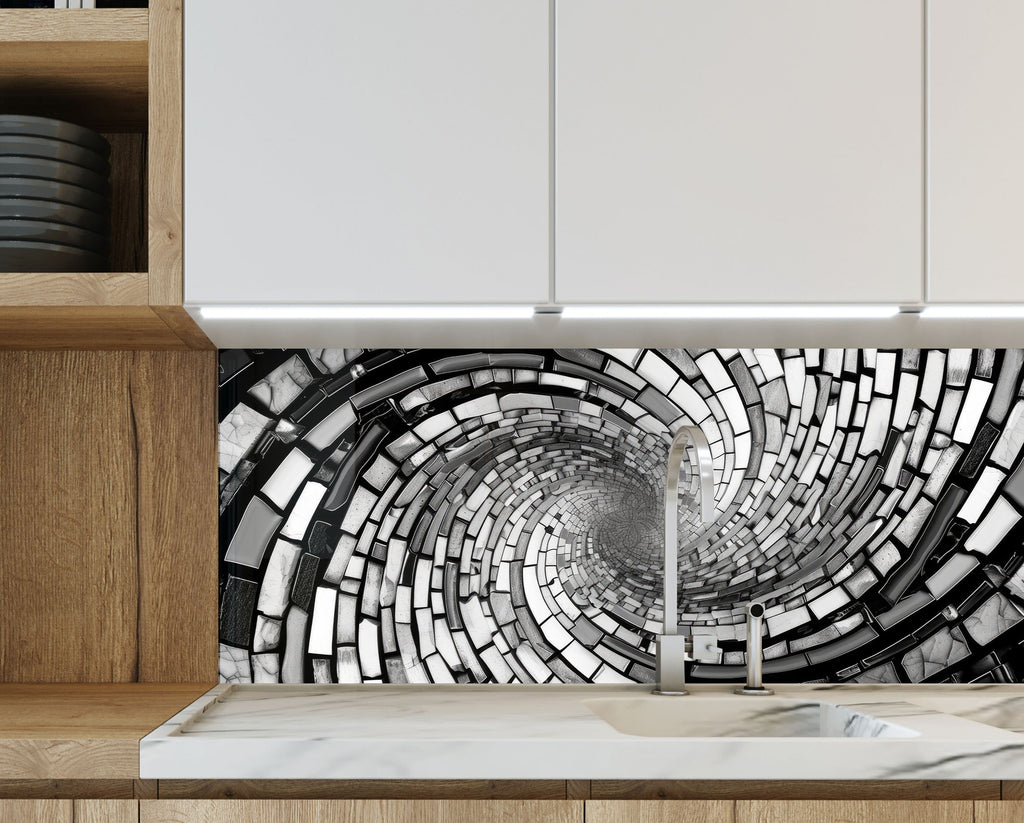 Monochrome Spiral - Glass Kitchen Backsplash-BacksplashArtworks