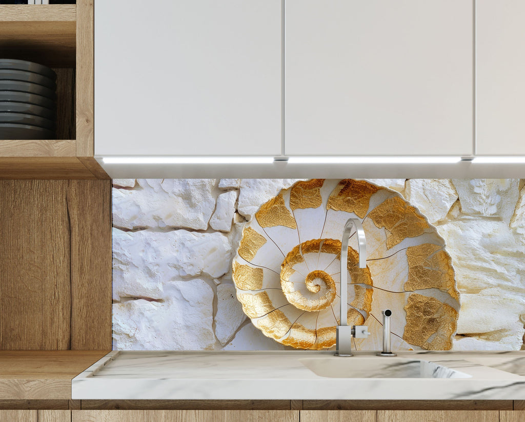 Golden Fossil - Glass Kitchen Backsplash-BacksplashArtworks