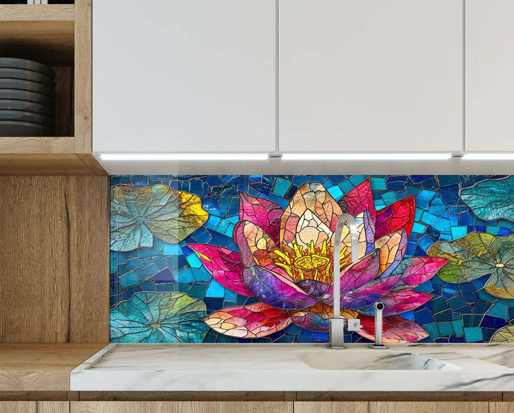 Pink Lotus Bloom - Glass Kitchen Backsplash-BacksplashArtworks