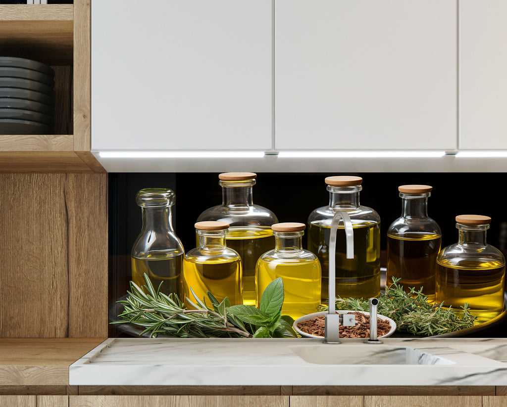 Olive Oil Glass Kitchen Backsplash – Herb and Olive Infused Design-BacksplashArtworks