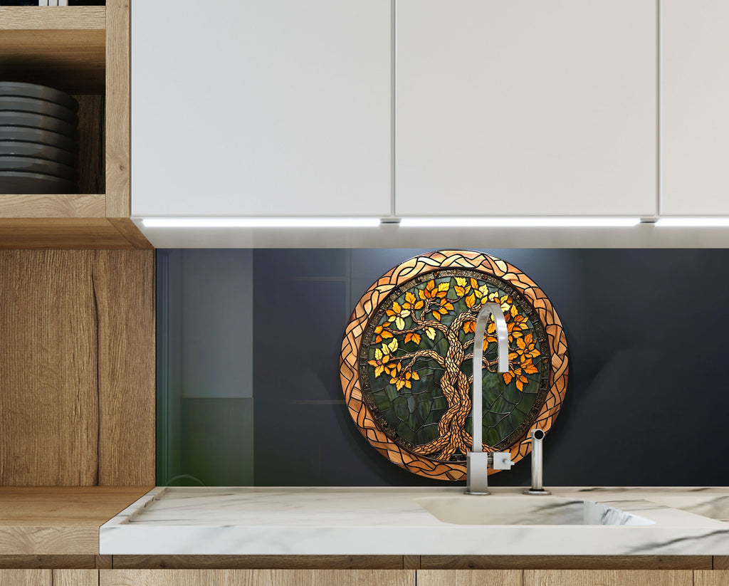 Golden Autumn Celtic Tree of Life - Glass Kitchen Backsplash-BacksplashArtworks