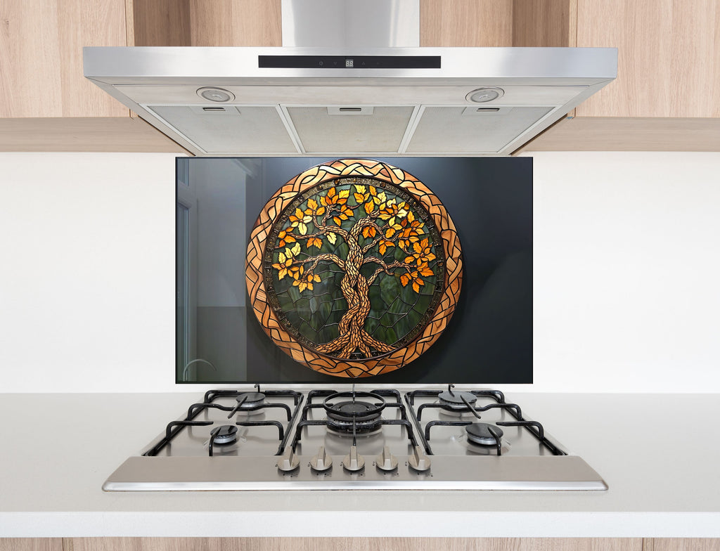 Golden Autumn Celtic Tree of Life - Glass Kitchen Backsplash-BacksplashArtworks