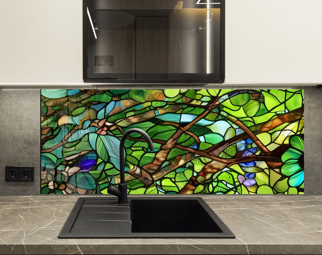 Verdant Canopy Stained - Glass Kitchen Backsplash-BacksplashArtworks