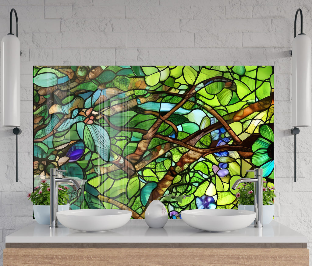 Verdant Canopy Stained - Glass Kitchen Backsplash-BacksplashArtworks