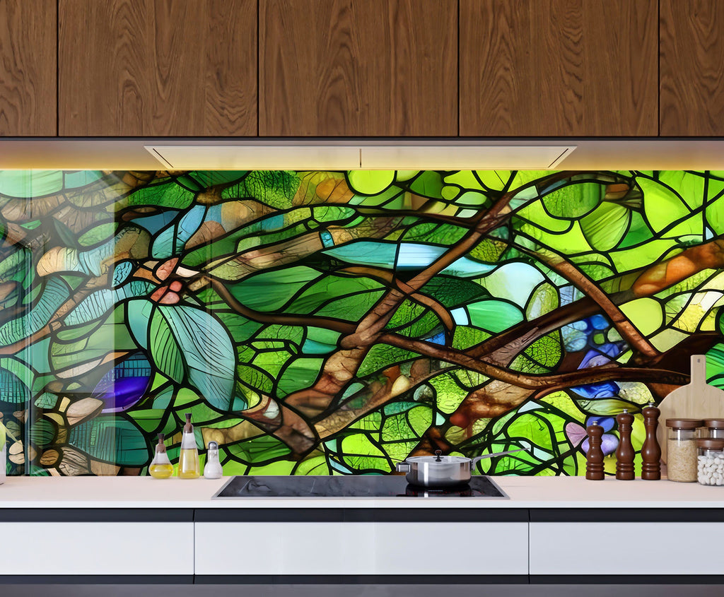 Verdant Canopy Stained - Glass Kitchen Backsplash-BacksplashArtworks