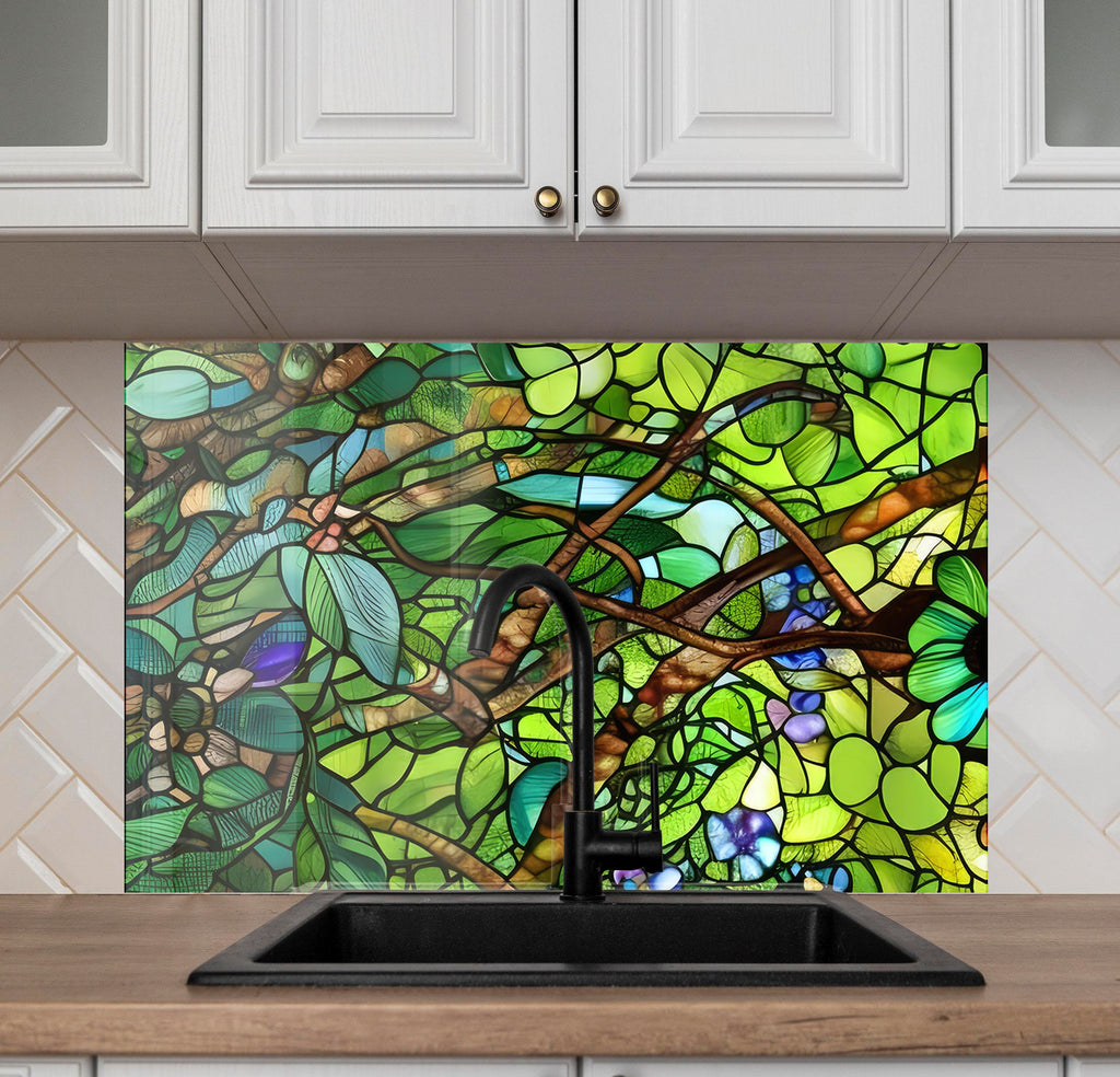 Verdant Canopy Stained - Glass Kitchen Backsplash-BacksplashArtworks